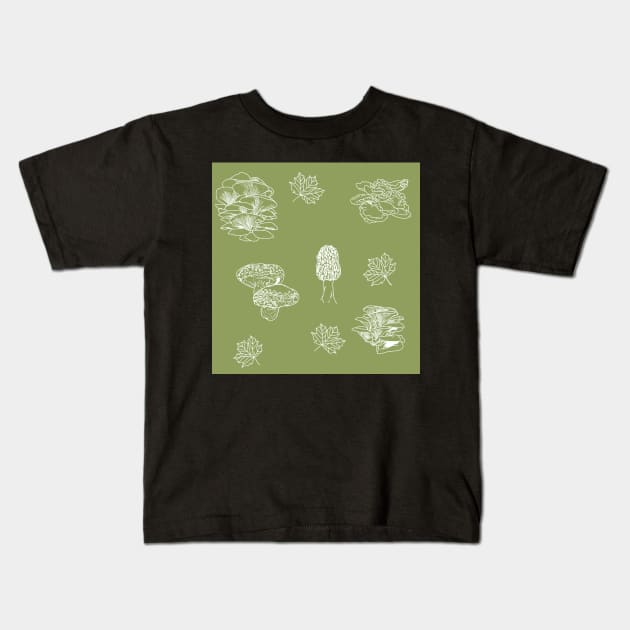 Woodland Mushrooms Sage 1 Kids T-Shirt by TrapperWeasel